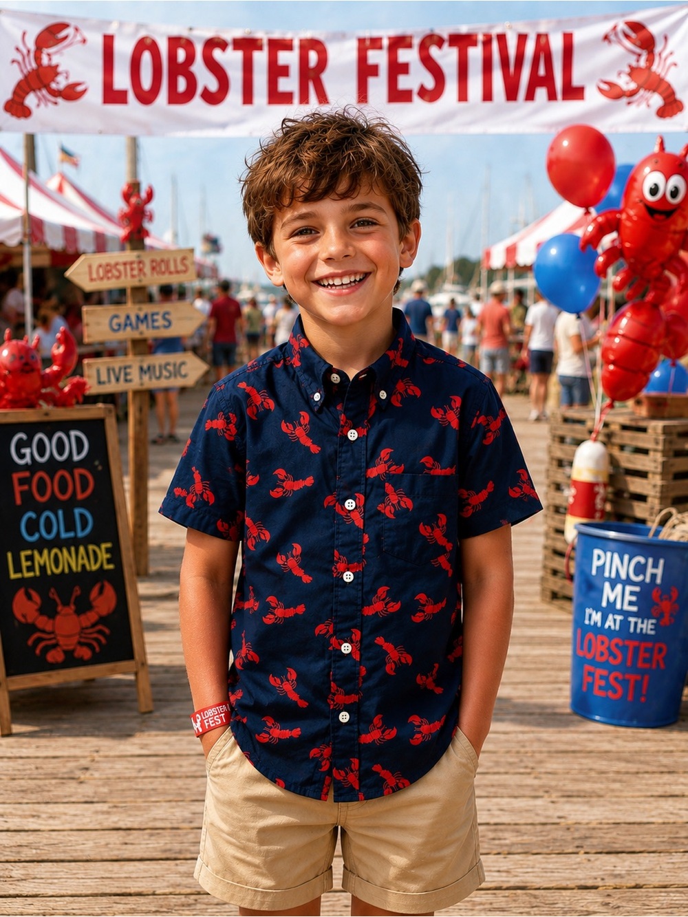 Crewcuts Boys Lobster Print Button-Down Shirt Size 8 | Navy Red Nautical Top